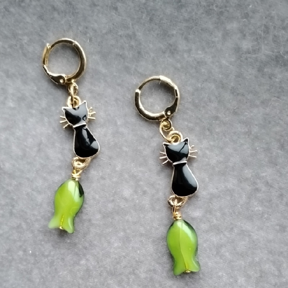 Hand Crafted Black Enamel Cat and Fish Earrings
